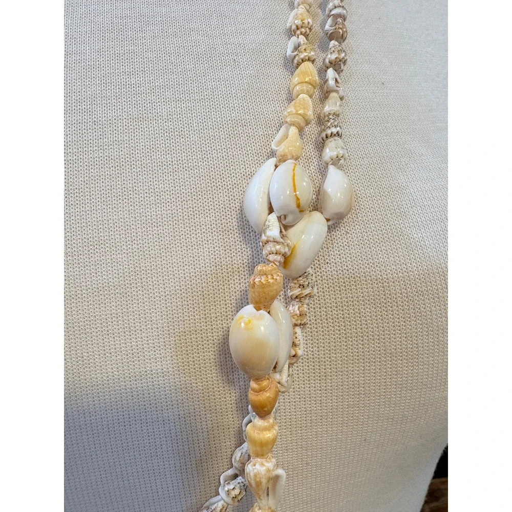 Cowrie Sea Shell Necklace Set 34 Inch‎ Beach Boho Two Strands Cream Brown Tones